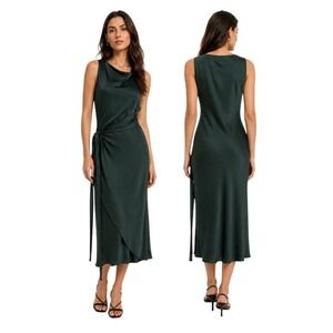 KES Womens L Dark Green 100% Silk Faux Wrap Tie Waist Sheath Midi Dress